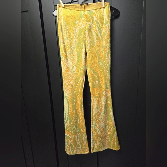 Zara yellow and lime green patterned stretchy bell bottom flare pants, NWT - Picture 6 of 8